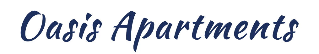 The image displays the text "Oasis Apartments" in a cursive, blue font.